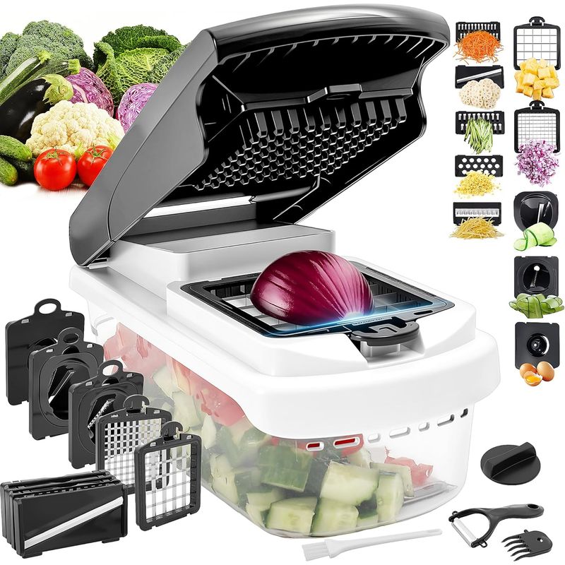 Multifunktionaler Gemüseschneider – Mandoline Mit Austauschbaren Klingen Aus Edelstahl 402j2 – Integrierter 7,5-tassen-auffangbehälter – Für Zwiebeln, Tomaten, Käse, Gemüse Und Obst – 1 Stück