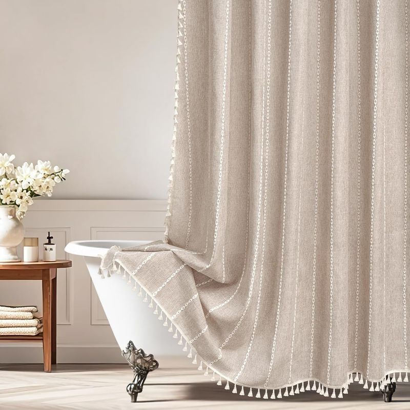 Duschvorhang – Leinen – 180 X 180 Cm – Wasserdicht – Fransen – 12 Verstärkte Ösen – Boho-landhausstil