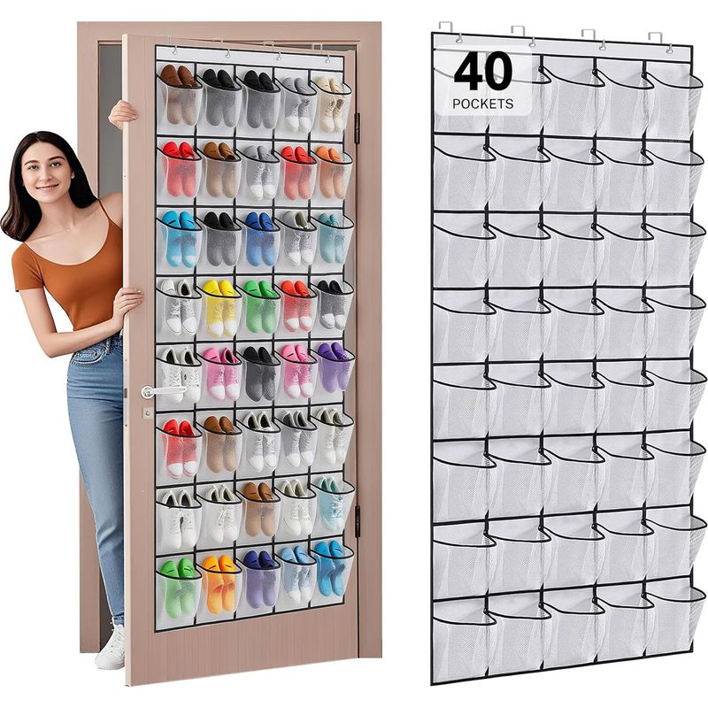 Schuhaufbewahrung Für Die Tür – 40 Netztaschen – Platz Für 20 Paar Schuhe – Verstärktes Vliesmaterial – Maße: 194 X 67 Cm – Weiß