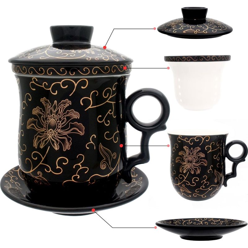 Porzellan-teetasse – Mit Integriertem Teesieb, Deckel Und Untertasse – 350 Ml – Zum Aufbrühen Von Losem Tee Zu Hause Oder Im Büro