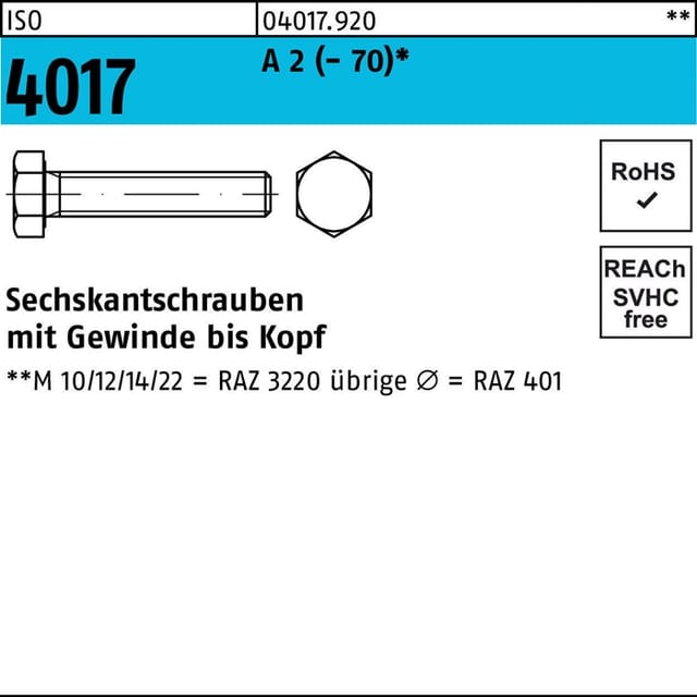 Sechskantschraube mit Gewinde bis Kopf ISO 4017 Edelstahl A2 M12 x 180mm