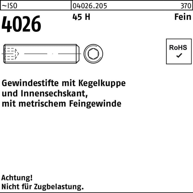 Gewindestift mit ISK und Kegelkuppe ISO 4026 Stahl 45 H blank M8x1x5mm