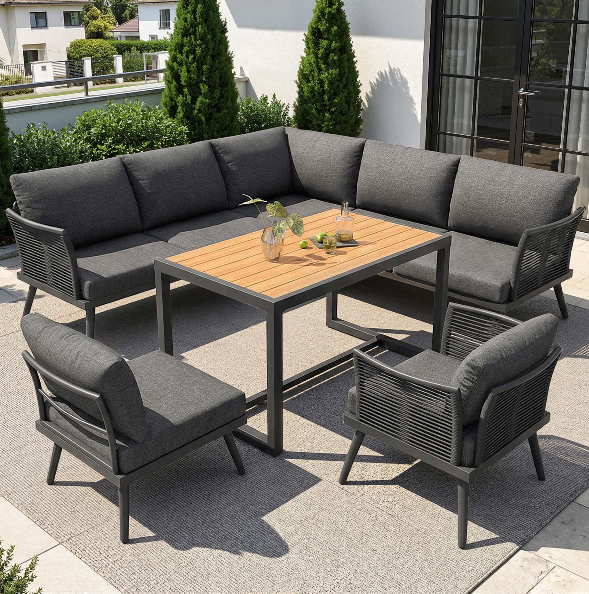 5-teiliges Garten-lounge-set Aus Eisen In Grau, Modular Für 7 Personen, Mit Wpc-couchtisch Und 9 Cm Polstern