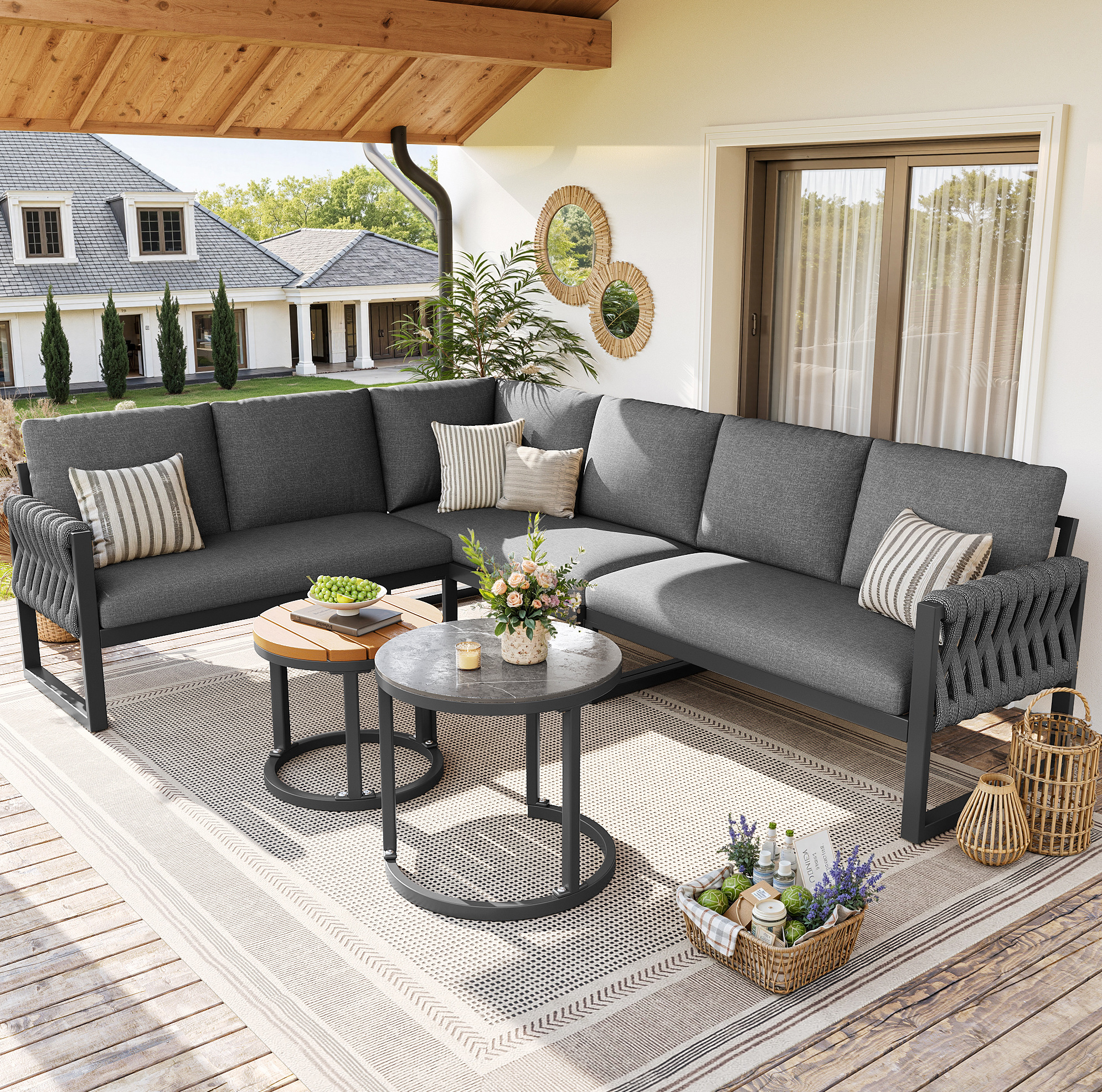 Modulares Gartenlounge-set Aus Metall, Olefin Und Glas In Grau, 5-teilig Mit 8 Cm Kissen Und Verstellbaren Tischbeinen