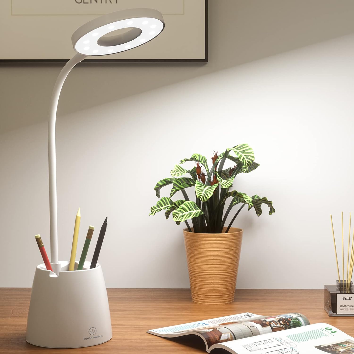 Led-schreibtischlampe Für Kinder, Dimmbar Mit 3 Helligkeitsstufen, Augenschutz, Schwanenhals, Touch-bedienung, Kabellos, Usb-aufladbar, Stifthalter, Handyhalterung, Mehrfarbig