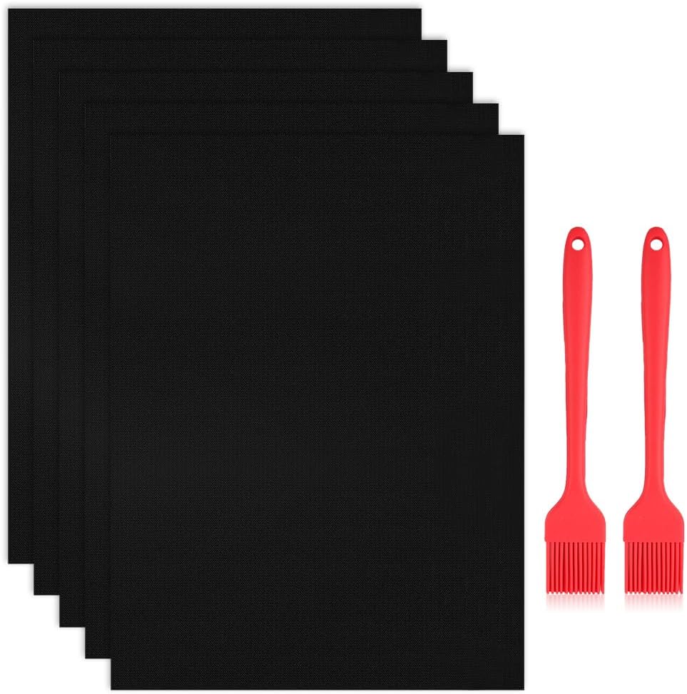 Grillmatten-set, 5-teilig (60 X 40 Cm), Wiederverwendbares Grillpapier Mit Bürste, Antihaftbeschichtete Teflon-backmatten, Leicht Zu Reinigen, Pfoa-frei