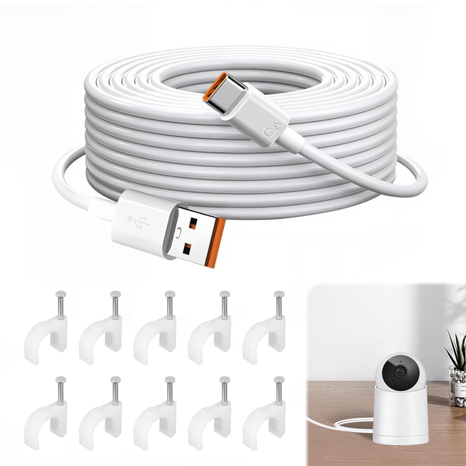 10 M Langes Usb-c-kabel Mit 66 W Schnellladefunktion, Stromverlängerungskabel Kompatibel Mit Überwachungskameras Und Anderen Marken, Robustes Pvc, Einfache Installation Mit Clips