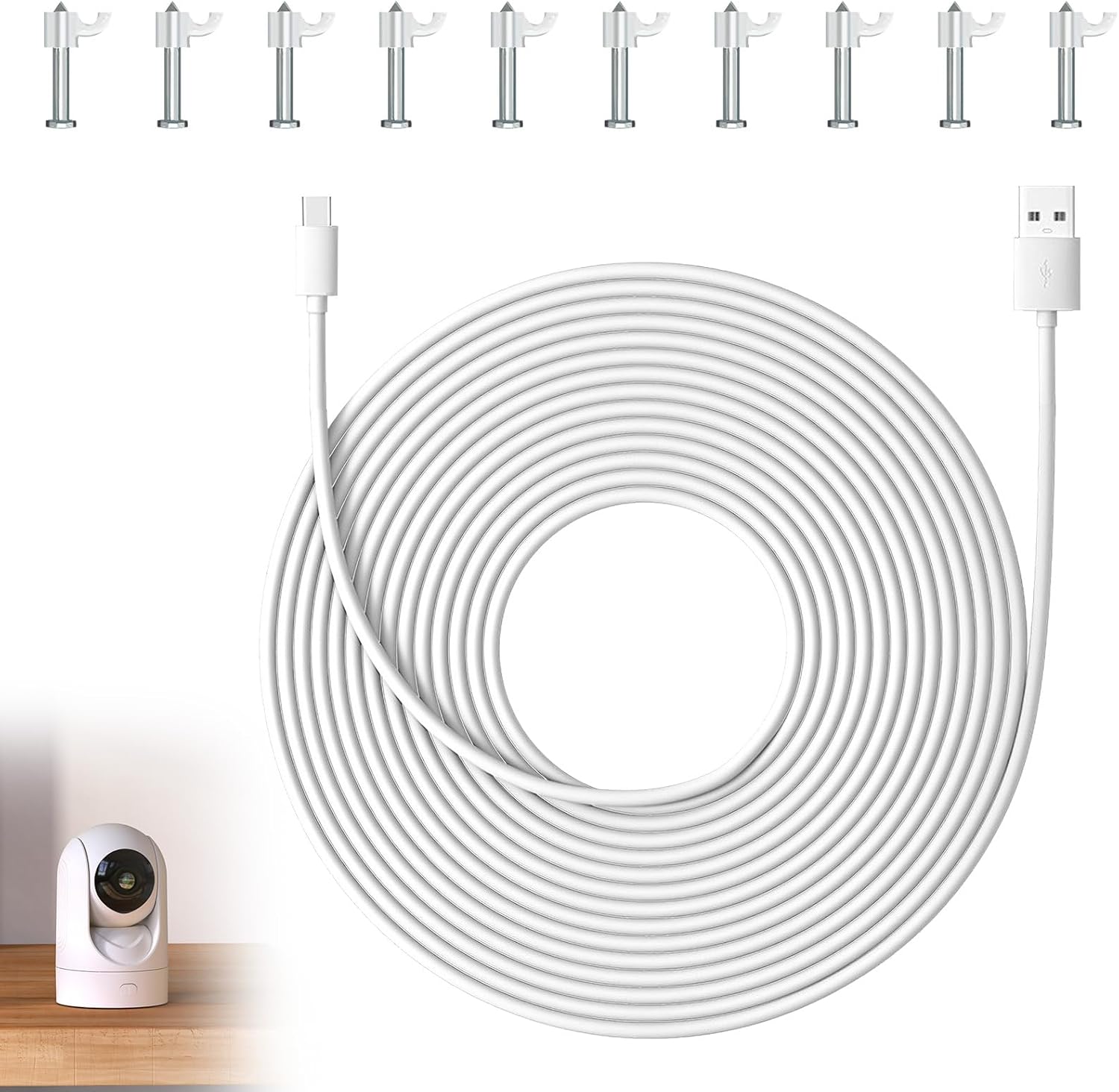 10 M Langes Usb-c-kabel Mit 66 W Schnellladefunktion, Stromverlängerungskabel Kompatibel Mit Mi-sicherheitskameras Und Anderen Marken, Strapazierfähiges Pvc, Einfache Installation Mit Clips (10 M)