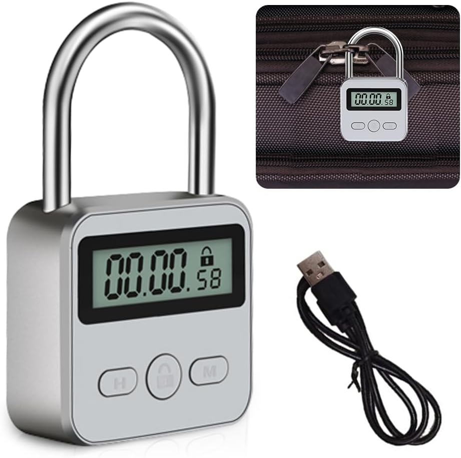 Türschloss Mit Display, Intelligentes Türschloss Mit Lcd-bildschirm, Intelligente Zeitschaltuhr, Usb-aufladbar, Metall-zeitschaltuhr Zur Vermeidung Schlechter Angewohnheiten (silber)