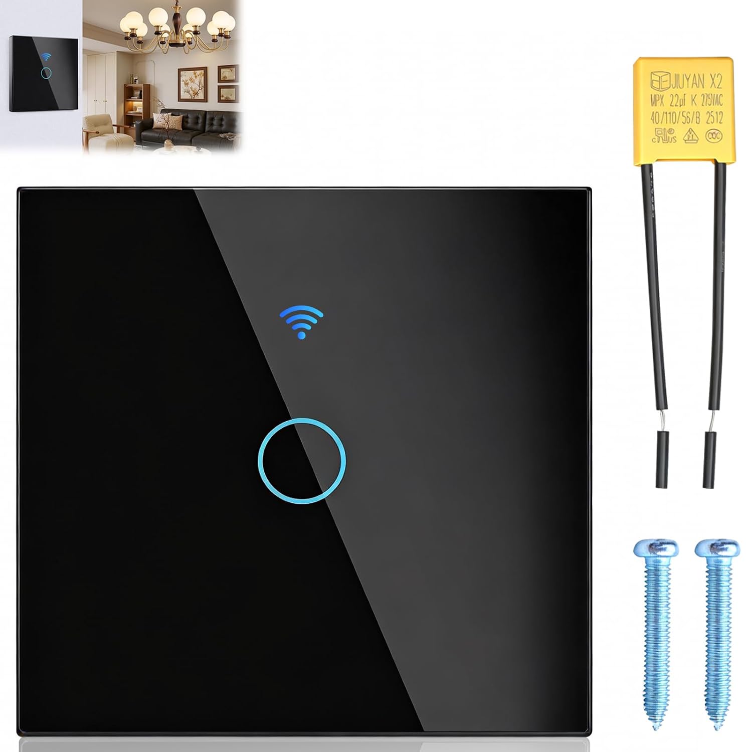 Schwarzer Smart-touch-schalter, Kabellos Per Wlan Mit Der Tuya/smart Life App Verbunden, 1-fach, 1-wege-schalter, Berührungssensor, Kristallglas-bedienfeld, Kompatibel Mit Alexa Und Google Assistant