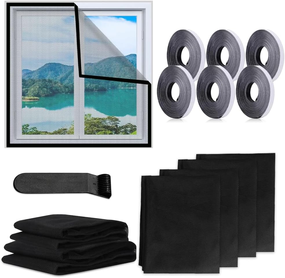 6-teiliges Fenster-moskitonetz, 130 Cm X 150 Cm Fenster-moskitonetz Mit 6 Rollen Klebestreifen, Selbstklebendes Fenster-moskitonetz, Kein Bohren Erforderlich (schwarz)