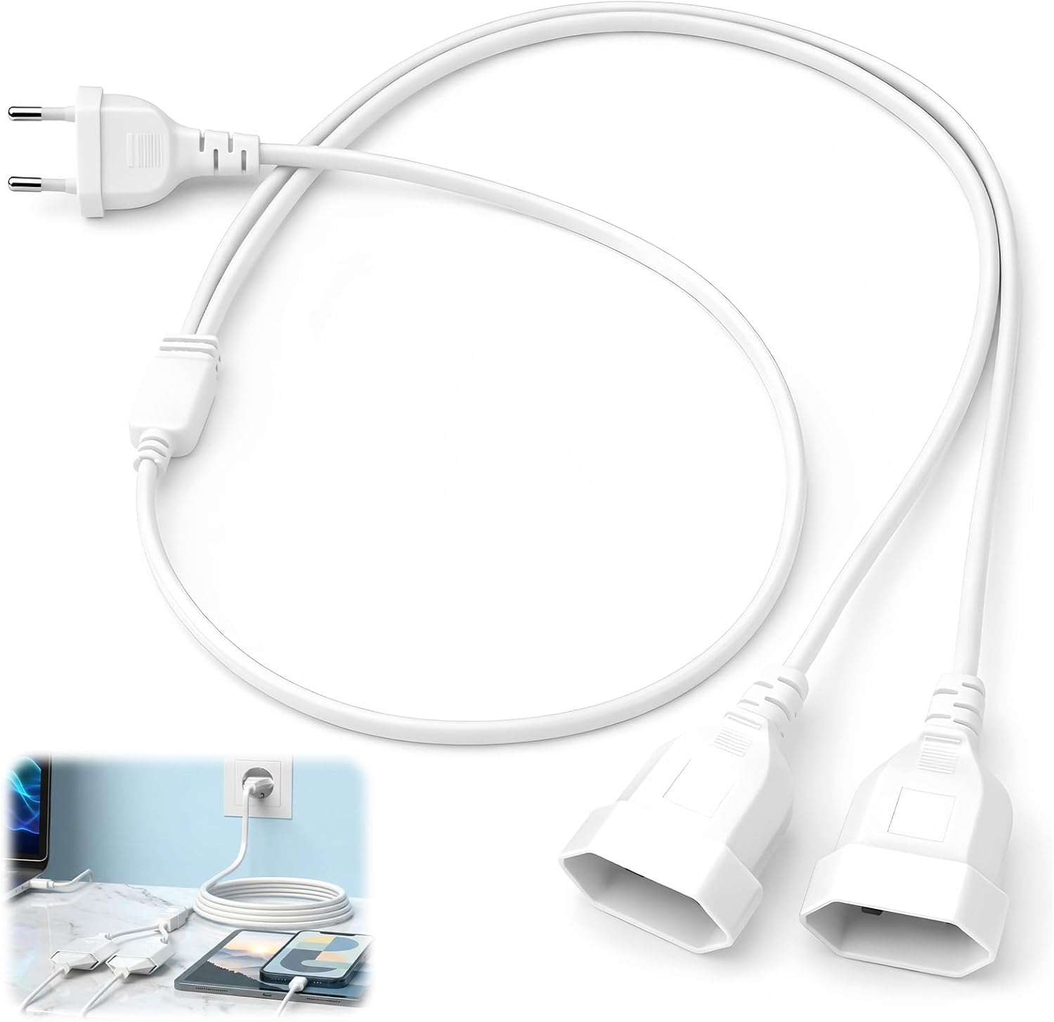 Euro-verlängerungskabel 0,75 Mm² Max. 250 V/2,5 A 2-in-1-euro-verlängerungskabel Für Den Innenbereich Mit Fernseher, Monitor, Pc (0,5 M, Weiß)