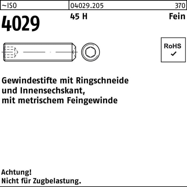 Gewindestift mit ISK und Ringschneide ISO 4029 Stahl 45 H blank M6x0,75x6mm