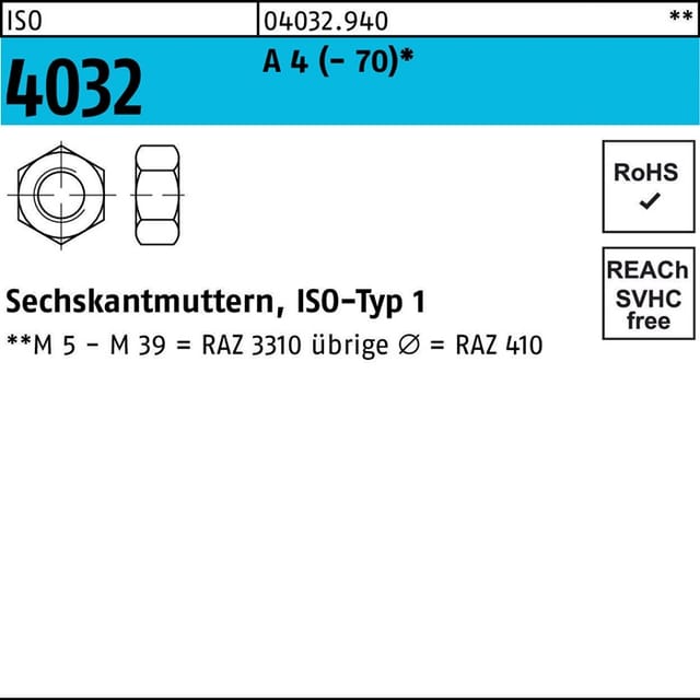 Sechskantmuttern, ISO-Typ 1, ISO 4032 Edelstahl A4 blank M 3