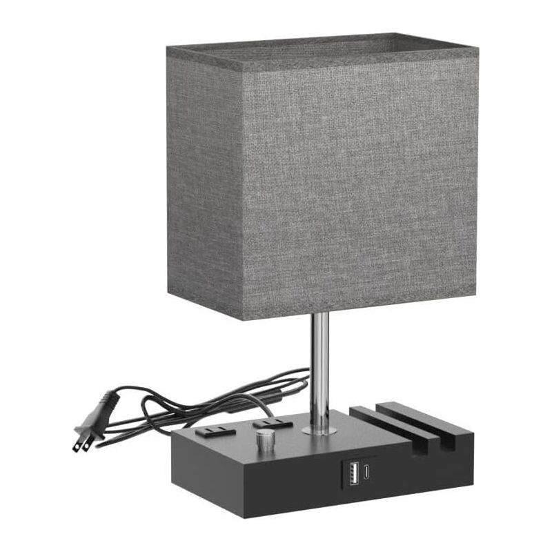 Kakanuo Vollständig Dimmbare Nachttischlampe Fürs Schlafzimmer Mit Usb-c-anschlüssen, Kleine Graue Nachttischlampe Mit Ladeanschlüssen Und Handyhalterung
