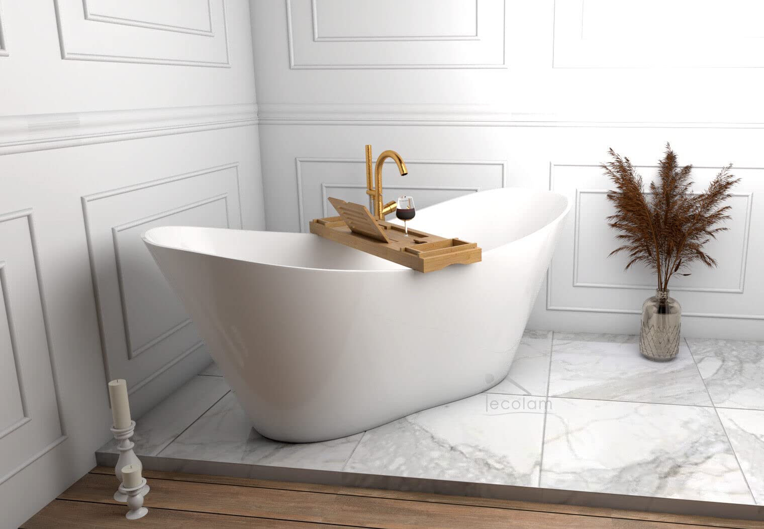 Ecolam Exklusive Freistehende Badewanne Viya 170x72 Cm Standbadewanne Mineralguss Moderne Stabile Wanne Freistehend Bambus Ablage + Ablaufgarnitur Click Clack - Glamour Luxus Weiß