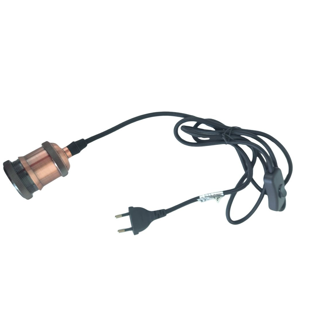 E27 Fassungsset Kupfer Mit Schwarzem Textilkabel 1,8 M, Schalter Und Stecker