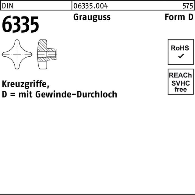 Kreuzgriff DIN 6335 Grauguss Form D mit Gewinde-Durchgangsloch M20 x 2,5