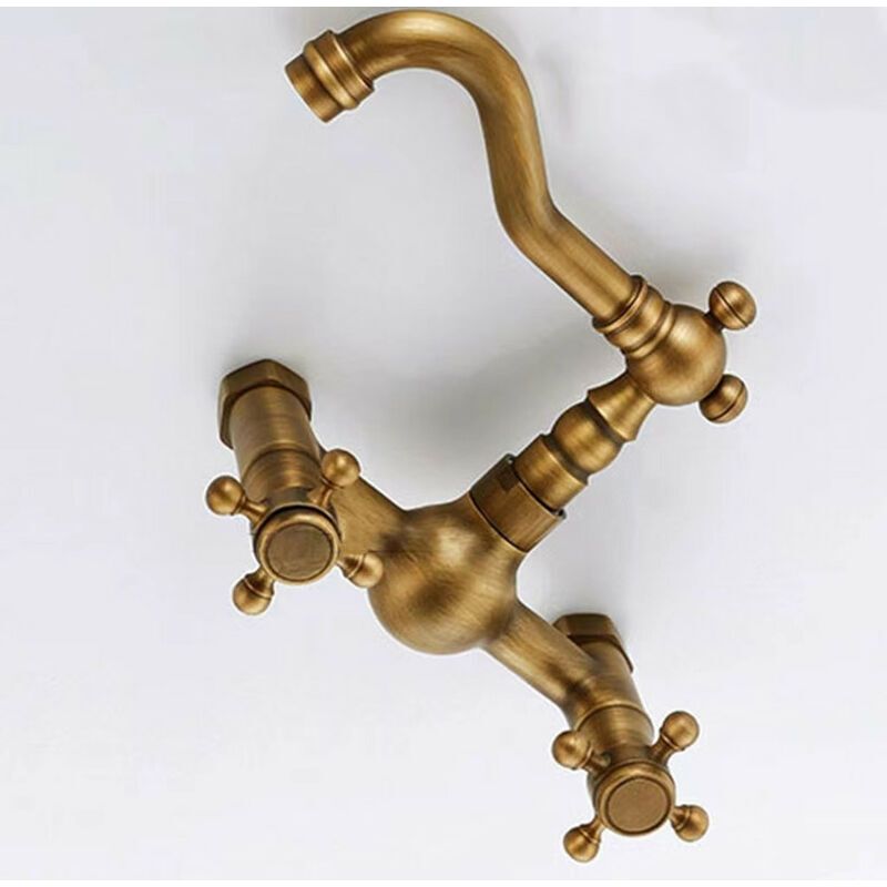 Retro-wandarmatur Für Küchenspülen Mit 2 Warm- Und Kaltwasserhähnen, 360-grad-schwenkauslauf, Vintage-stil, Universelle Badezimmerarmatur, Goldener Drehbarer Wasserauslauf