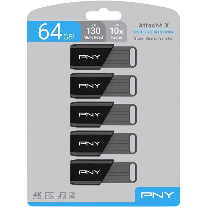 Pack Of 5 Usb 3.2 Flash Drives - Pny - Attaché X - 64 Gb - Up To 130 Mb/s