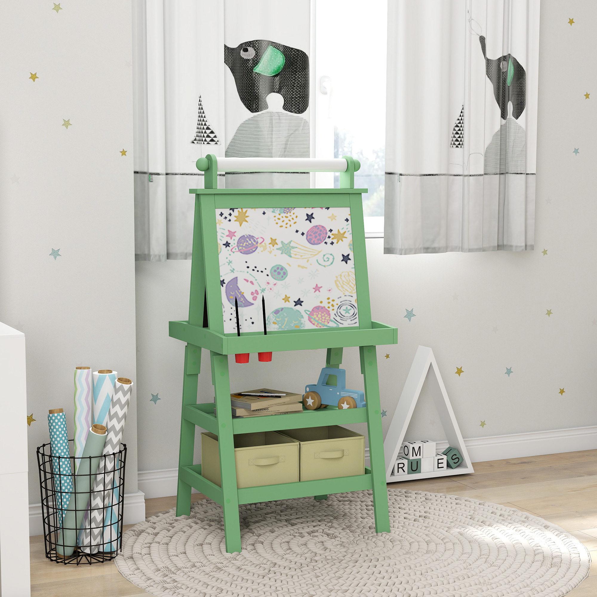 3-in-1 Kinderstaffelei, Doppelseitige Malstaffelei Für Kinder Mit Papierrolle Und Körben, Grün