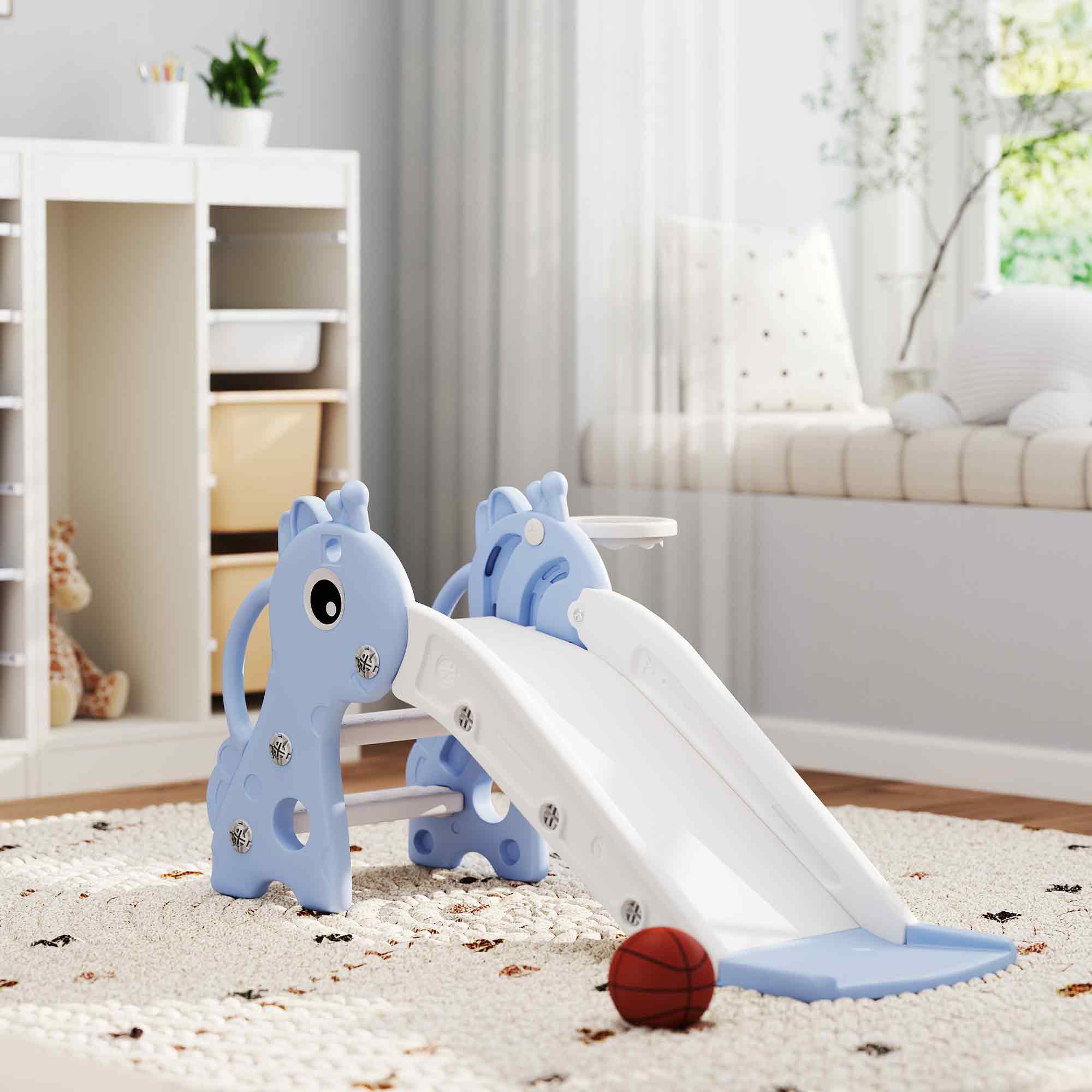 3-in-1 Kinderrutsche Für 1- Bis 3-jährige Mit Leiter, Basketballkorb Und Giraffenmotiv, 106 X 51,5 X 52 Cm, Blau