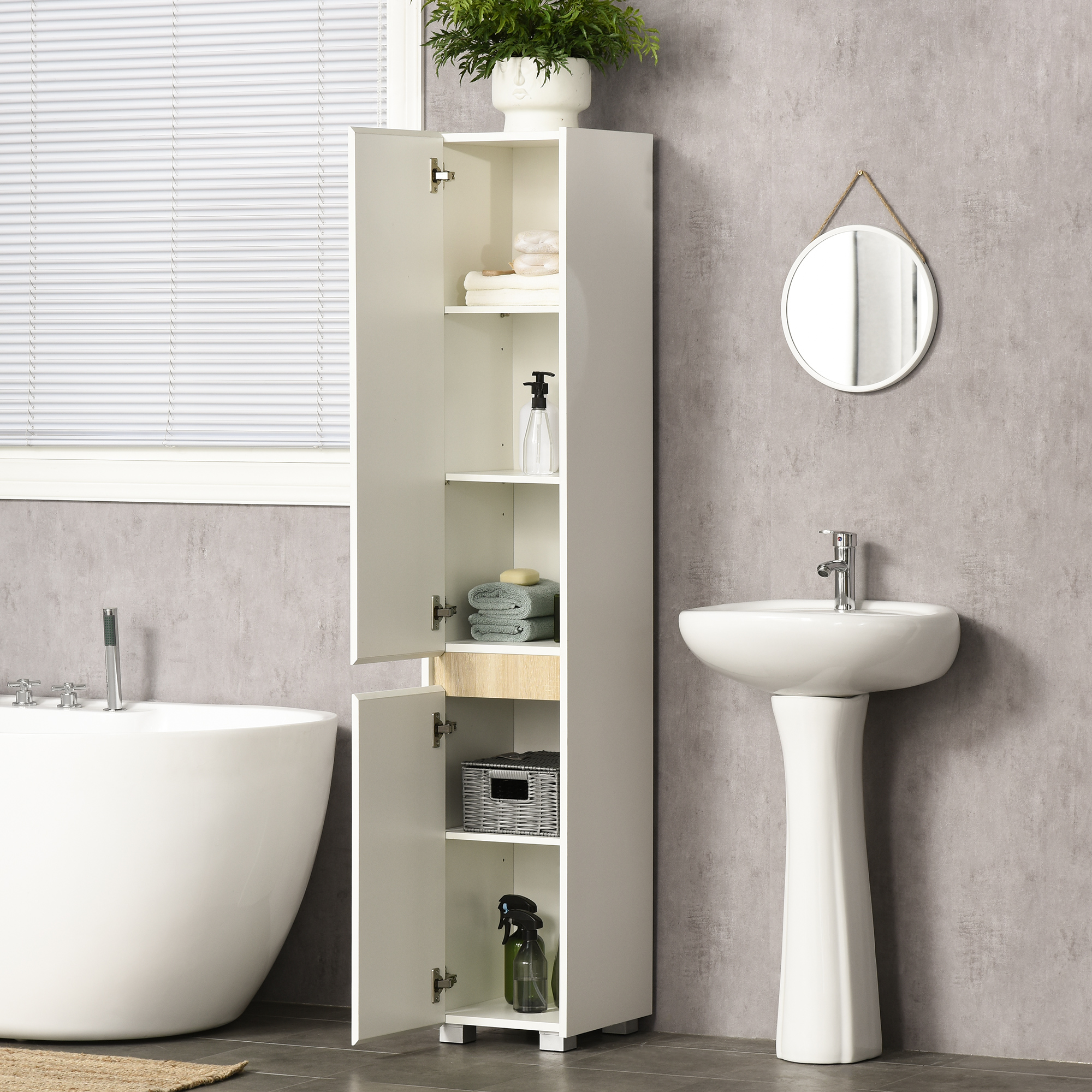 Kleankin Badezimmer-säulenschrank Mit Verstellbaren Einlegeböden Für Dusche, Wc Und Schlafzimmer, 30 X 33 X 165 Cm, Weiß