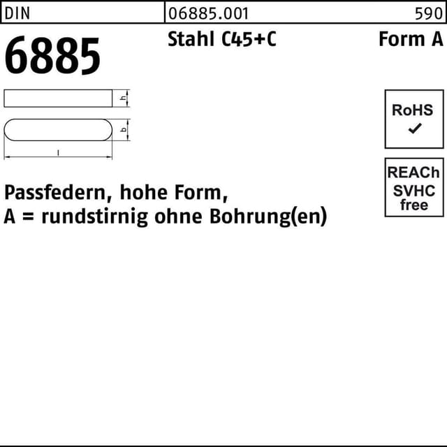 Passfeder DIN 6885 Form A o. Bohrung rundstirnig Stahl C45+C blank 18 180 x 11