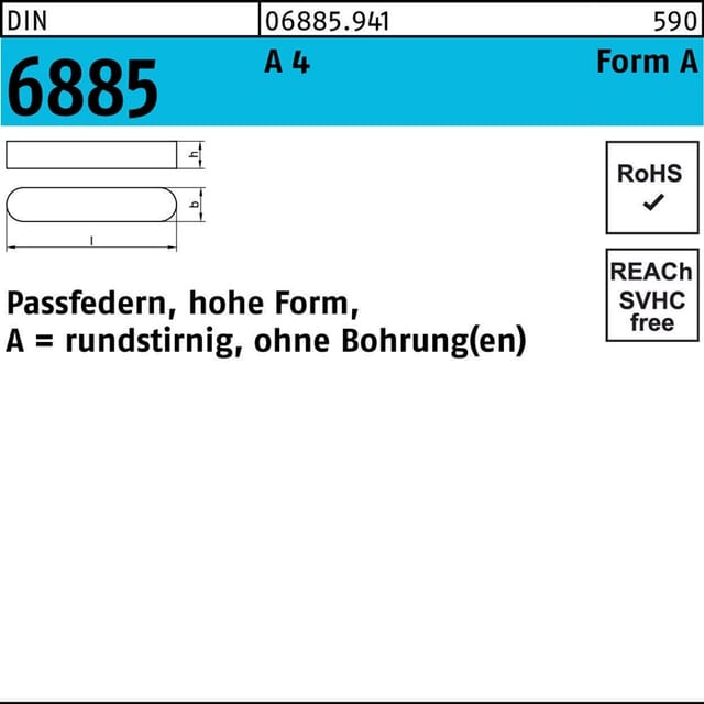 Passfeder DIN 6885 Form A ohne Bohrung rundstirnig Edelstahl A4 blank 14 80 x 9