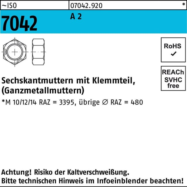 6kt.-Ganzmetallmutter mit Klemmteil, ISO 7042 Edelstahl A2 blank M16