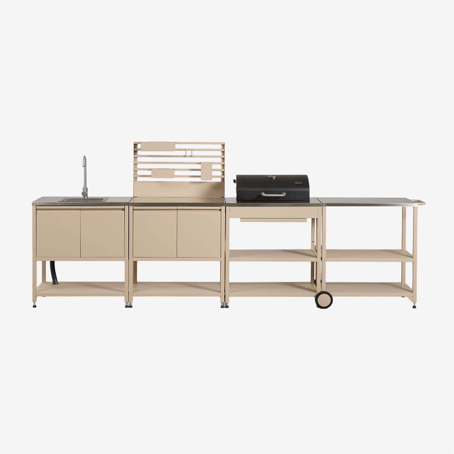 Sklum Modulare 4-teilige Außenküche Mit Spüle, Organizer-panel, Wagen Und Kohlegrill Aus Stahl Savona Beige Tapioca