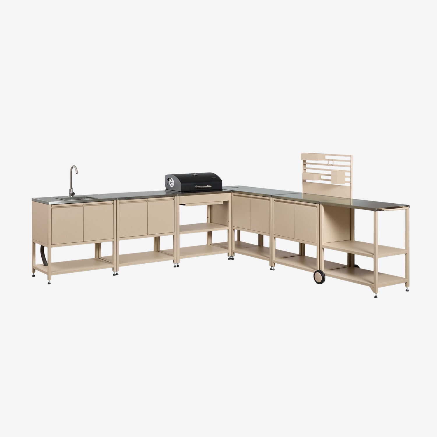 Sklum Modulare Eck-außenküche Mit 7 Teilen, Spüle, Organizer-panel Und Holzkohlegrill Aus Stahl Savona Beige Tapioca