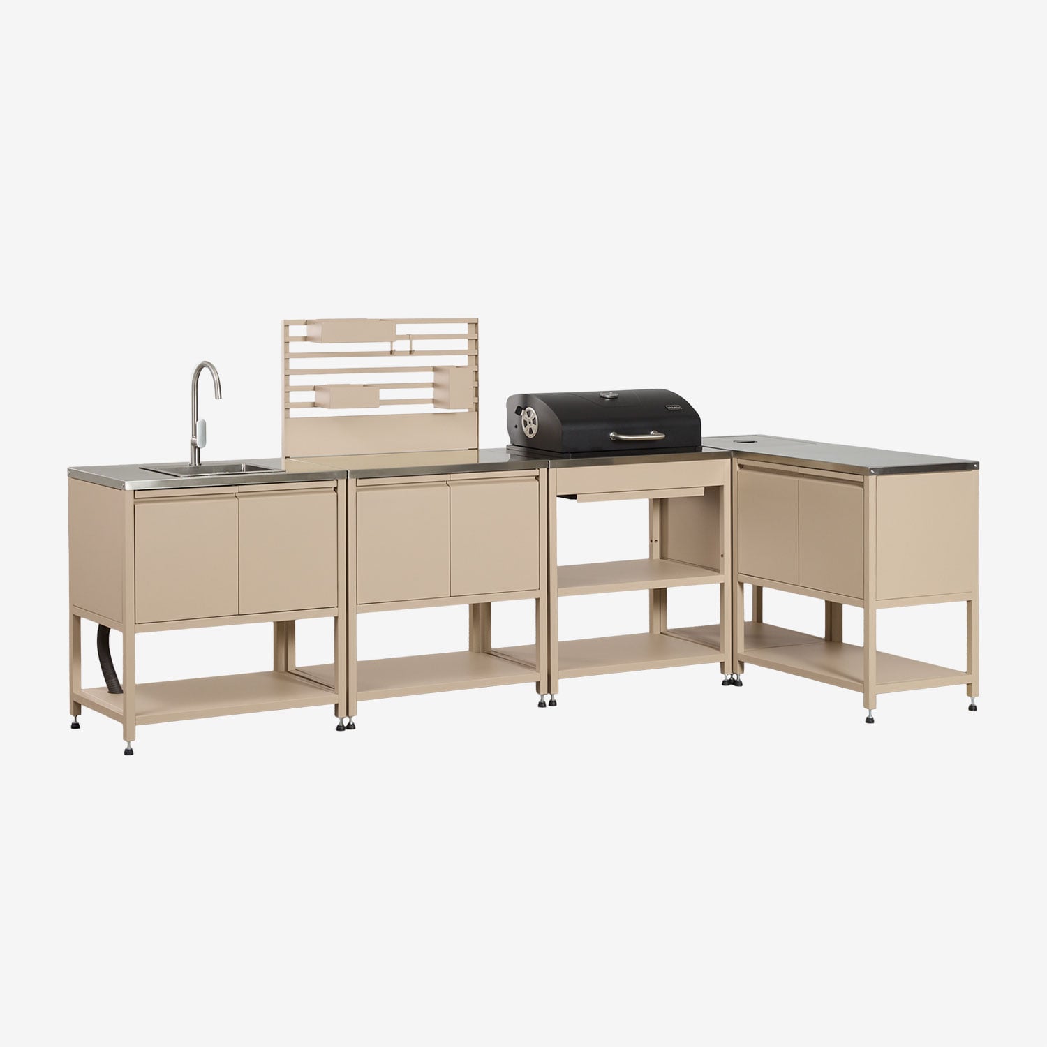 Sklum Modulare Eck-außenküche Aus 5 Teilen Mit Spüle, Organizer-panel Und Holzkohlegrill Aus Stahl Savona Beige Tapioca