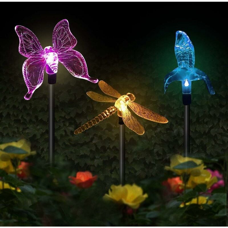 3er-pack Solarbetriebene Gartenlichter, Mehrfarbige, Wechselnde Led-schmetterlings-, Kolibri- Und Libellen-solarlichter Für Partydekoration, Rasenbeleuchtung, Hof, Weg