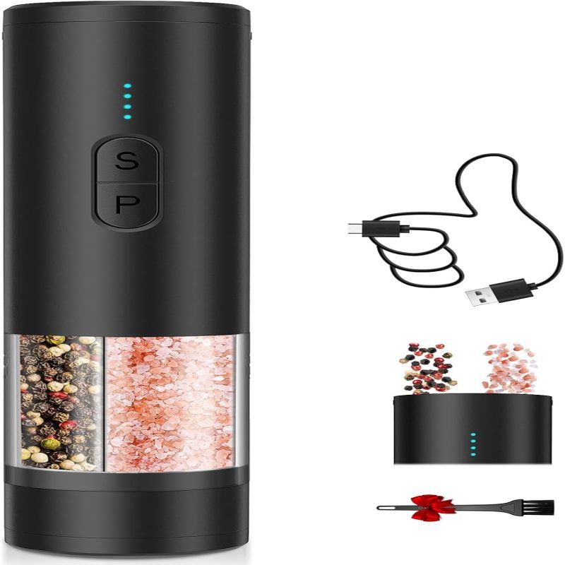 Elektrische 2-in-1-pfeffermühle Mit Doppelbehälter Und Zwei Mahlwerken, Usb-ladefunktion, Automatischem Mahlwerk Mit Led-betriebsanzeige Und Einstellbarer Mahlstärke, Schwarz