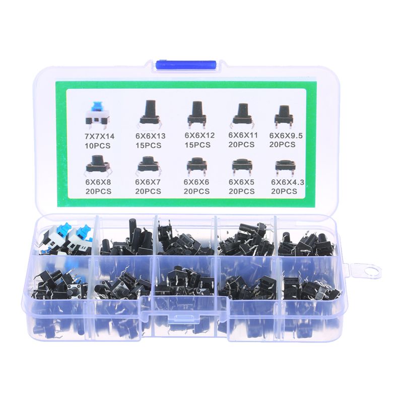Sortimentssatz Mit 180 Taktilen Drucktaster-mikroschaltern, 10 Werte, 6 X 6 Mm, 4 Pins