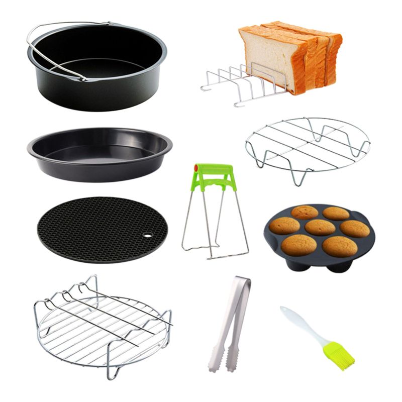 10-teiliges Zubehörset Für Heißluftfritteusen: Kochplatte, Grillrost, Pizzablech, Metallständer, Brotständer, Cupcake-form (für Heißluftfritteusen Von 3,2 Bis 5,8 Litern).