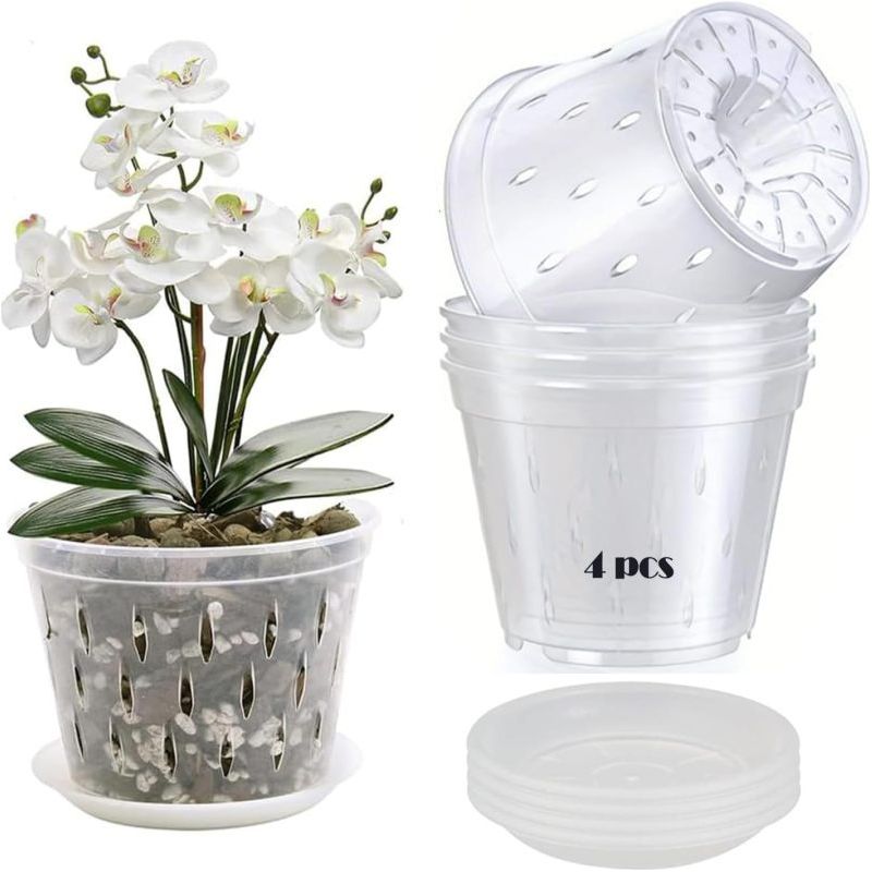 Set Mit 4 Orchideentöpfen (12,5 Cm), Transparente Töpfe Mit Löchern Und Untersetzern, Atmungsaktive, Durchsichtige Kunststofftöpfe Zum Umtopfen.