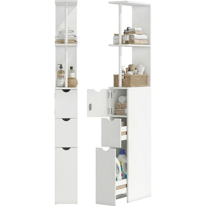 Schmaler Badezimmerschrank Mit Schubladen, Hoher Badezimmerschrank Mit 2-stufigem Regalboden, Weiß