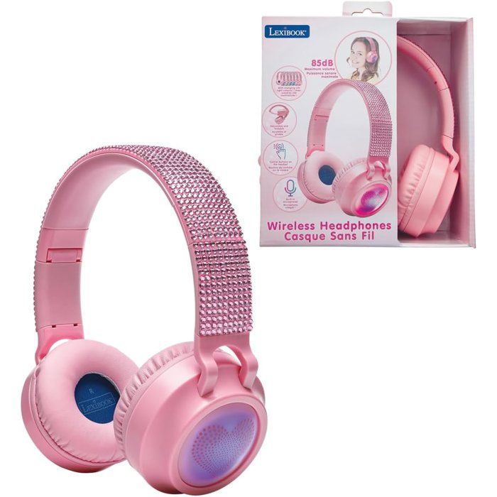 Lexibook - Foldable Bluetooth And Wired Light-up Headphones With A 3d Pink Rhinestone Design And Volume Limiter