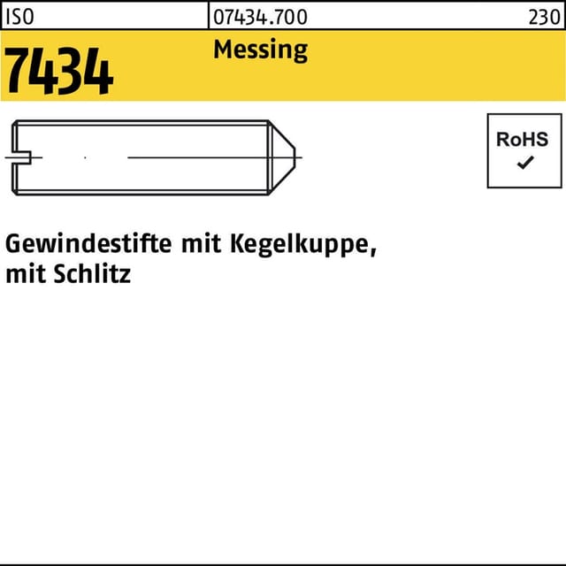 Gewindestift mit Schlitz und Spitze ISO 7434 Messing blank M4x0,7x5mm