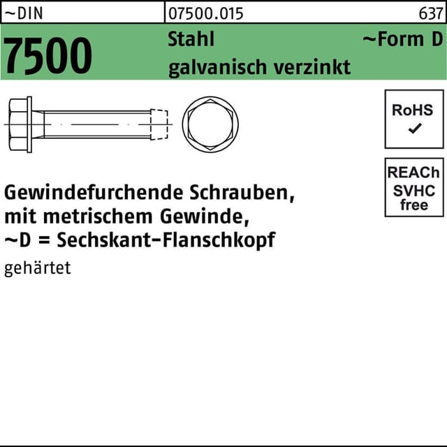Gewindefurchende Schraube DIN 7500-D Stahl galvanisch verzinkt M8 x 25mm