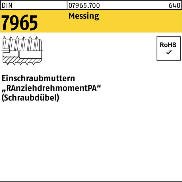 Einschraubmuttern DIN 7965 Messing blank M12 x 25mm Außen-ø 22mm