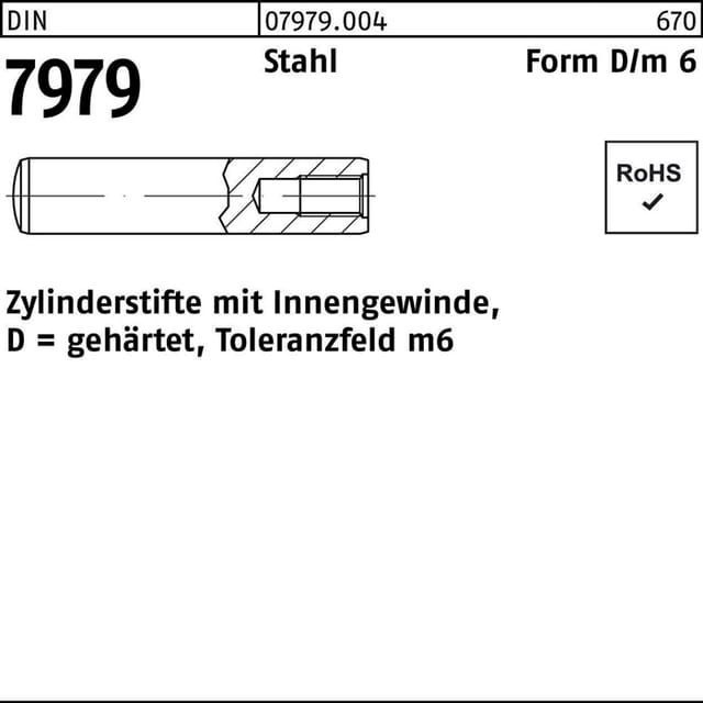 Zylinderstift mit Innengewinde DIN 7979 Form D Stahl gehärtet blank ø12 x 90mm