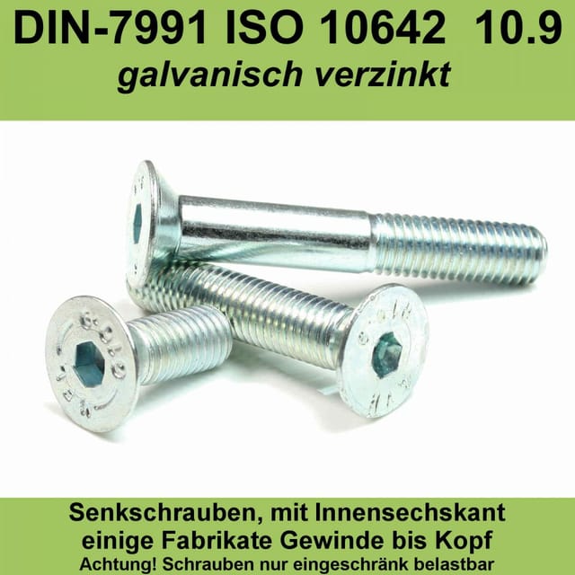 Senkschraube mit Innensechskant ISO 10642 Stahl 10.9 galv. verzinkt M3 x 8mm