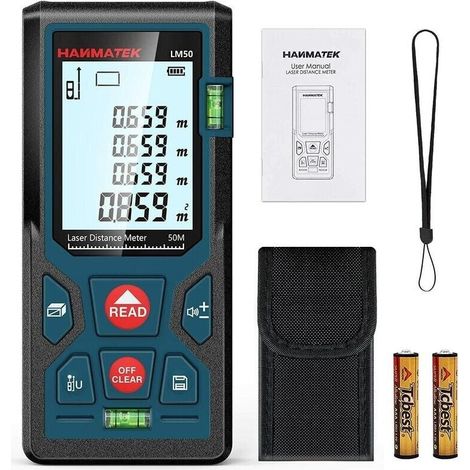 Télémètre Laser Numérique 50m – Précision ± 1,5 Mm – Ip54 Étanche – Rétroéclairage Lcd – Mesures Surface, Volume, Pythagore