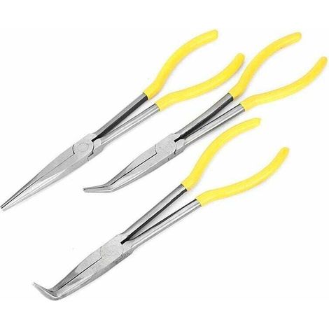 Set De 3 Pinces À Bec Long 28 Cm En Acier Au Carbone – Droites, 45°, 90° – Poignées Vinyle Confort – Pour Zones Difficiles D'Accès