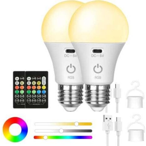 Ampoule Led Rechargeable E27 Rgb 8 Couleurs – Température 2700k À 6000k – Modes Flash, Strobe, Fade – Crochet Intégré Pour Intérieur Et Extérieur