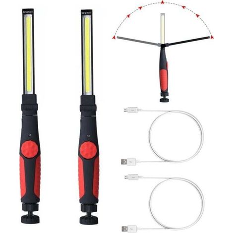 Lot De 2 Lampes De Travail Led Rechargeables – Alimentation Batterie – Support Magnétique – Rotation 360° Et 180° – Pour Automobile Et Atelier