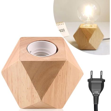 Nizlampe De Table En Bois - Culot E27 - Petite Lampe De Chevet Avec Base En Bois De Diamant - Prise Européenne - Culot En Bois E27 - Parfaite Pour Chambre À Coucher, Salon, Bureau (sans Ampoule) [clas